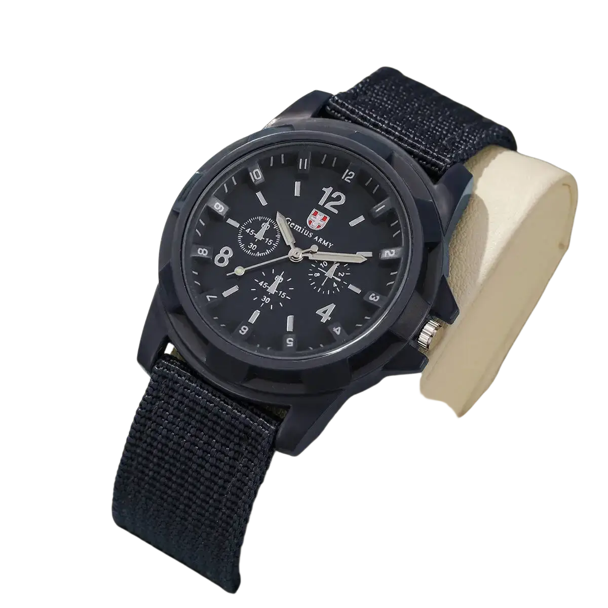 Men military quartz watch with black ceramic case navy blue nylon strap and multiple subdials on the face