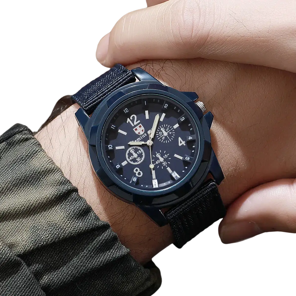 Men military quartz watch with black chronograph dial bold white markings and textured black nylon fabric strap