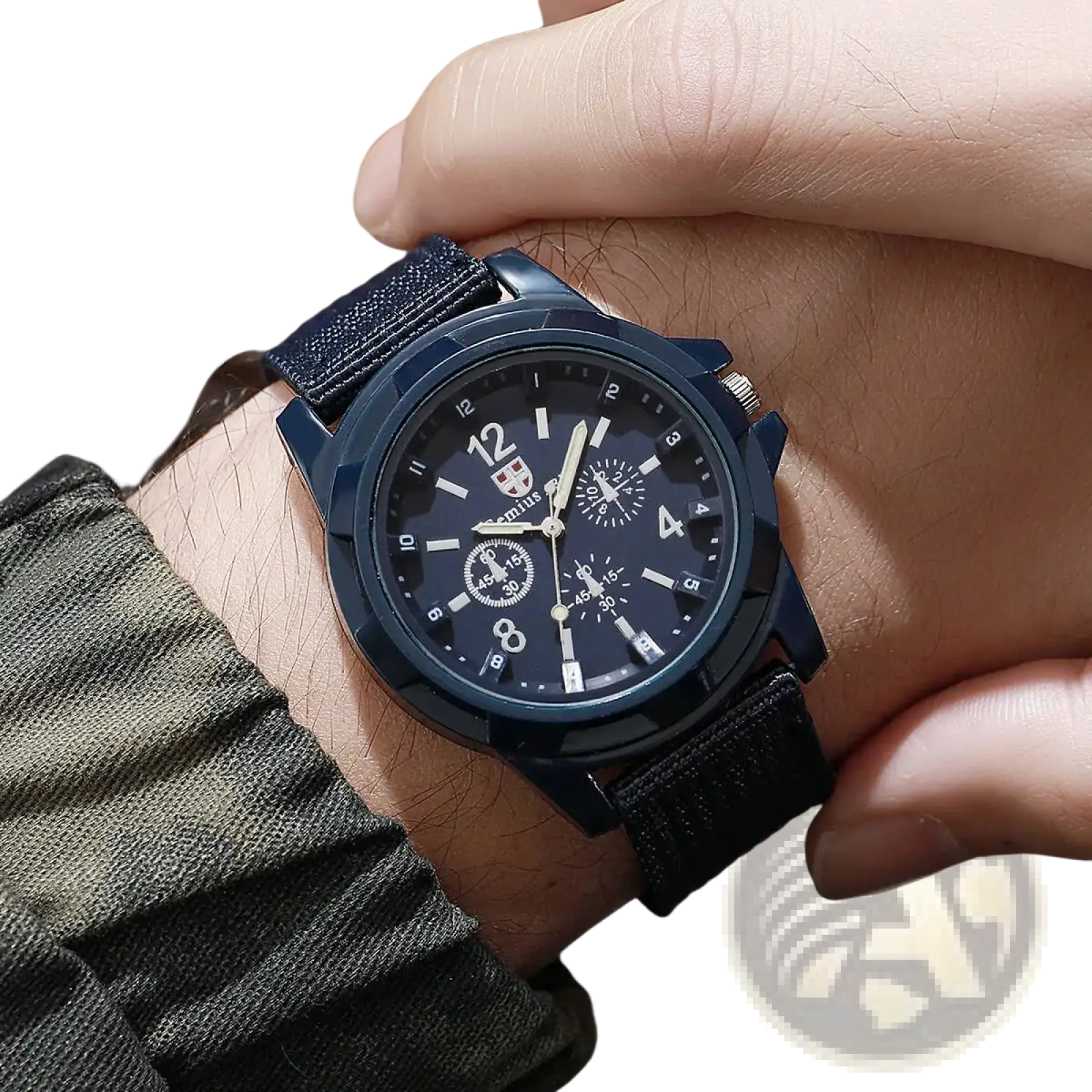 Men military quartz watch with black chronograph dial bold white markings and textured black nylon fabric strap