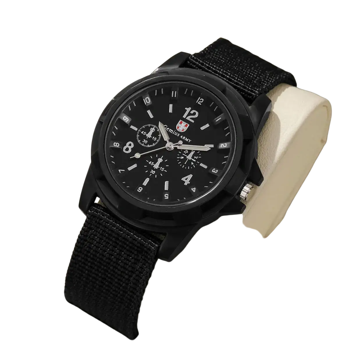 Men military quartz watch with black nylon strap and matte black case featuring multiple chronograph sub-dials