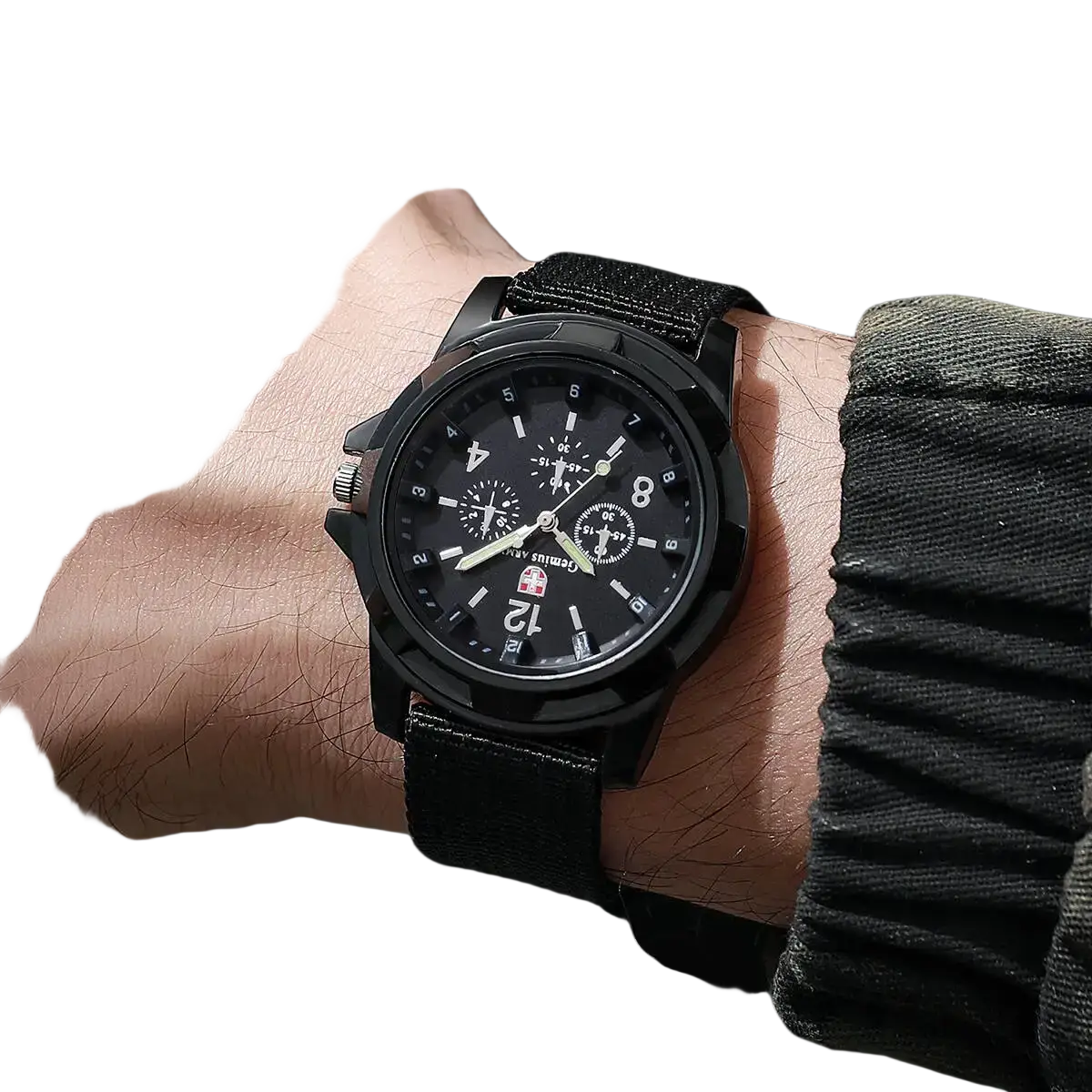 Men military quartz watch in black with a textured nylon fabric strap and multiple subdials on the face