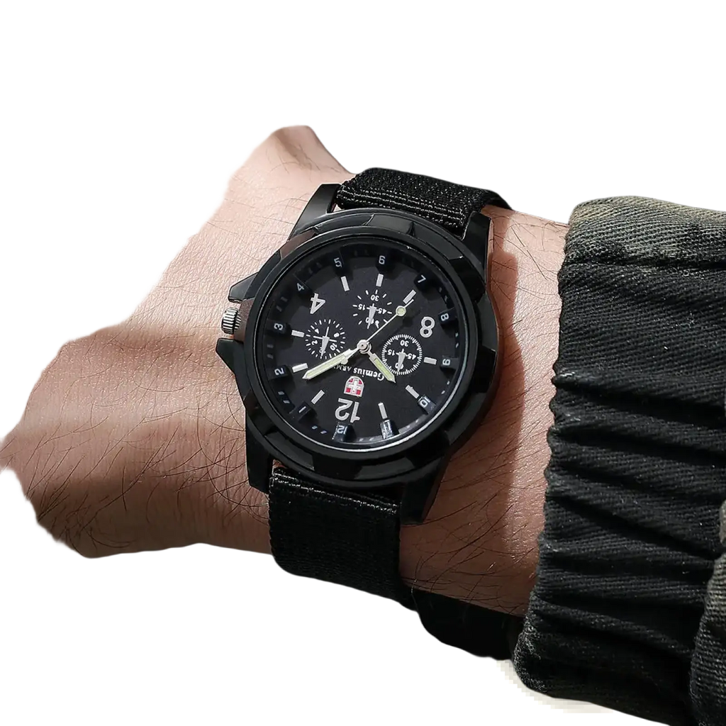 Men military quartz watch in black with a textured nylon fabric strap and multiple subdials on the face
