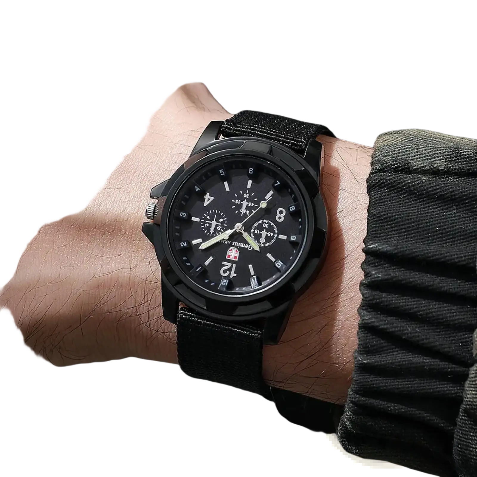 Men military quartz watch in black with a textured nylon fabric strap and multiple subdials on the face