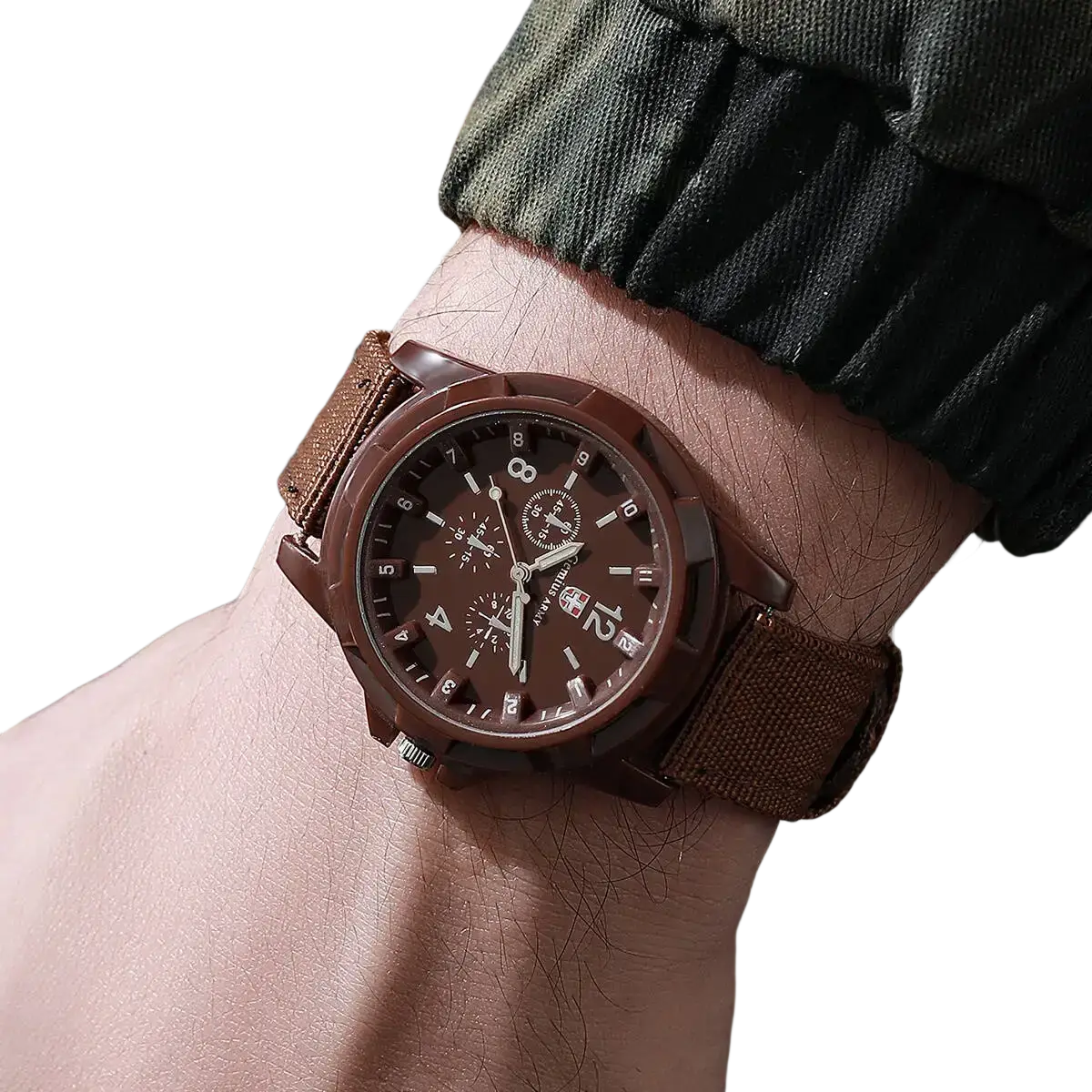 Men military quartz watch with brown chronograph dial silver hands and textured brown nylon fabric strap