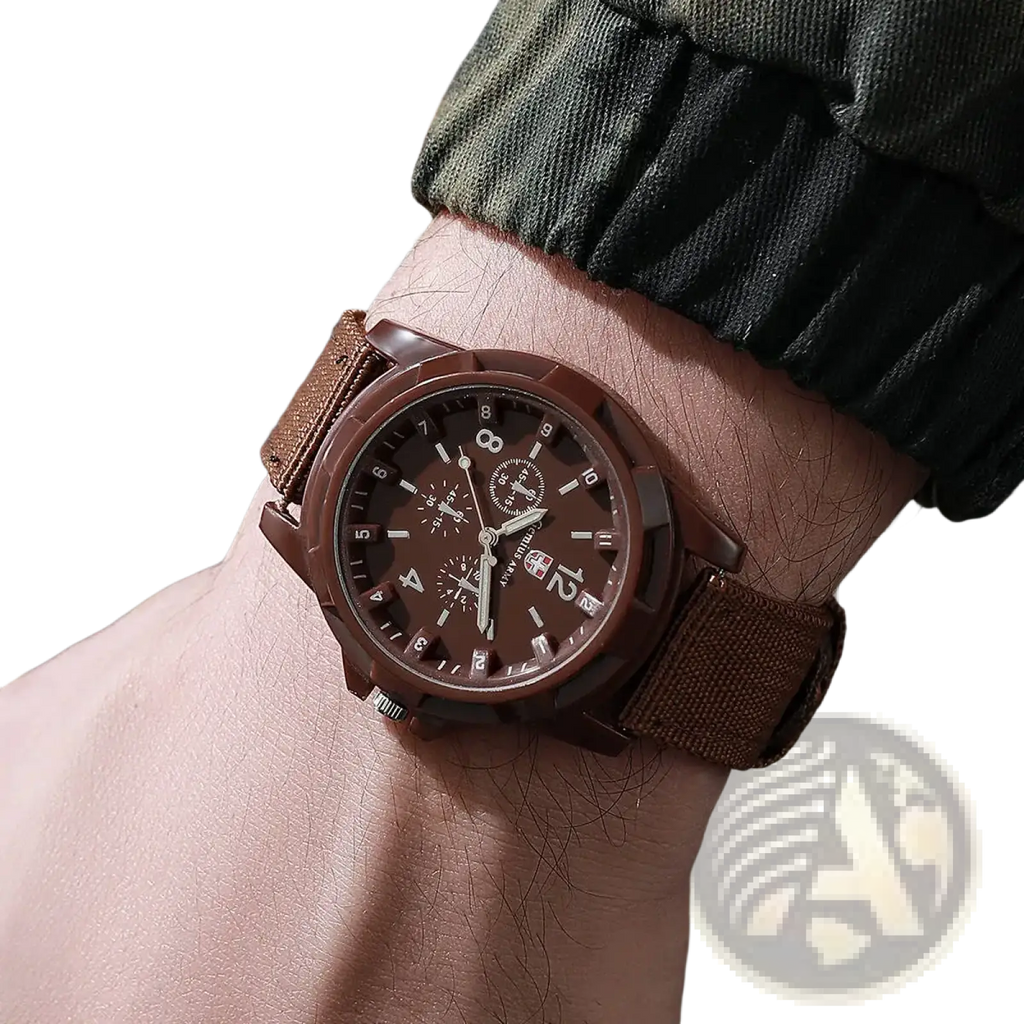 Men military quartz watch with brown chronograph dial silver hands and textured brown nylon fabric strap