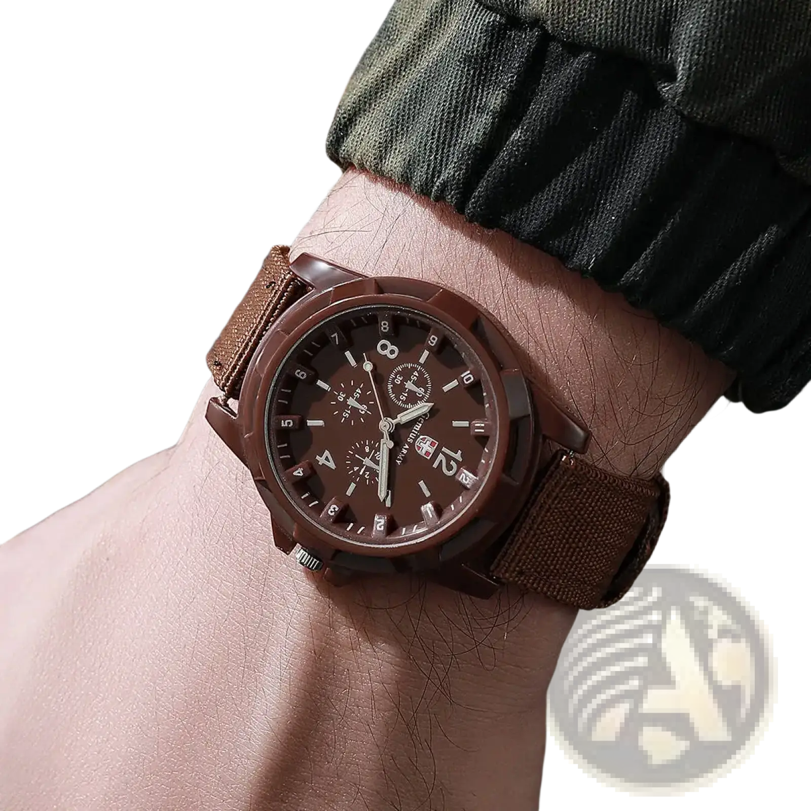 Men military quartz watch with brown chronograph dial silver hands and textured brown nylon fabric strap