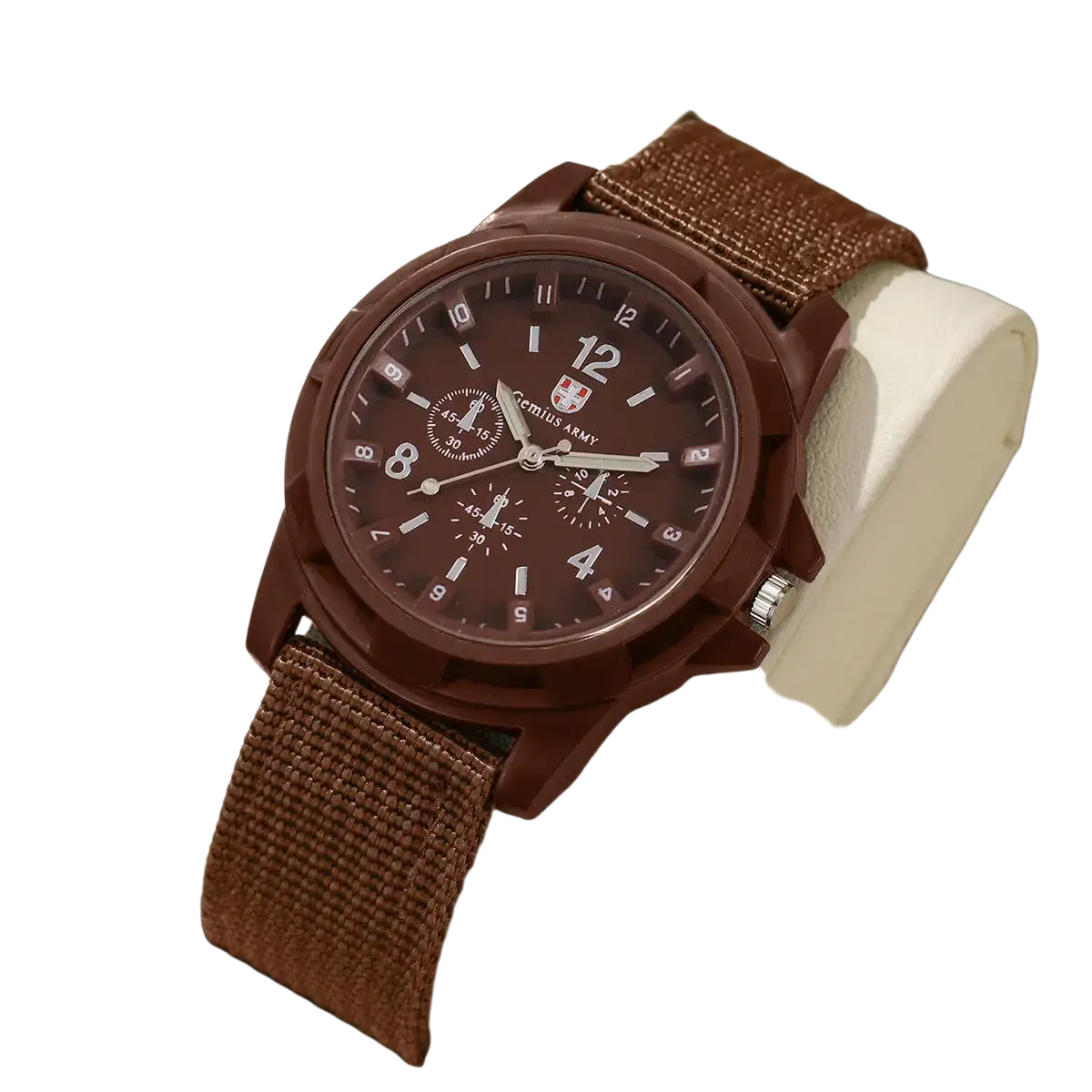 Brown genius army men’s military quartz chronograph watch with dark brown dial and textured nylon strap