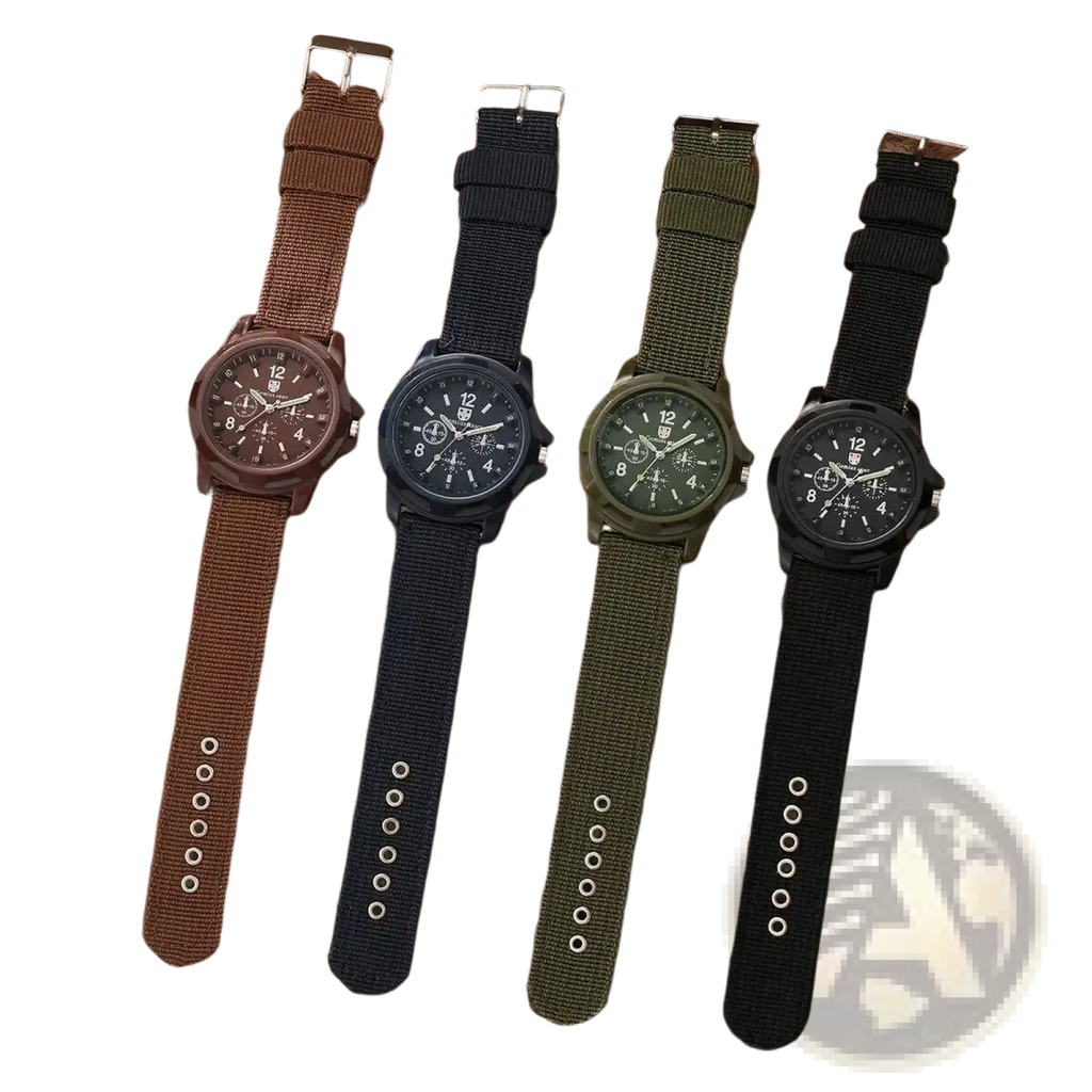 Four men military quartz watches with rugged dials and nylon straps in brown black olive green and dark gray