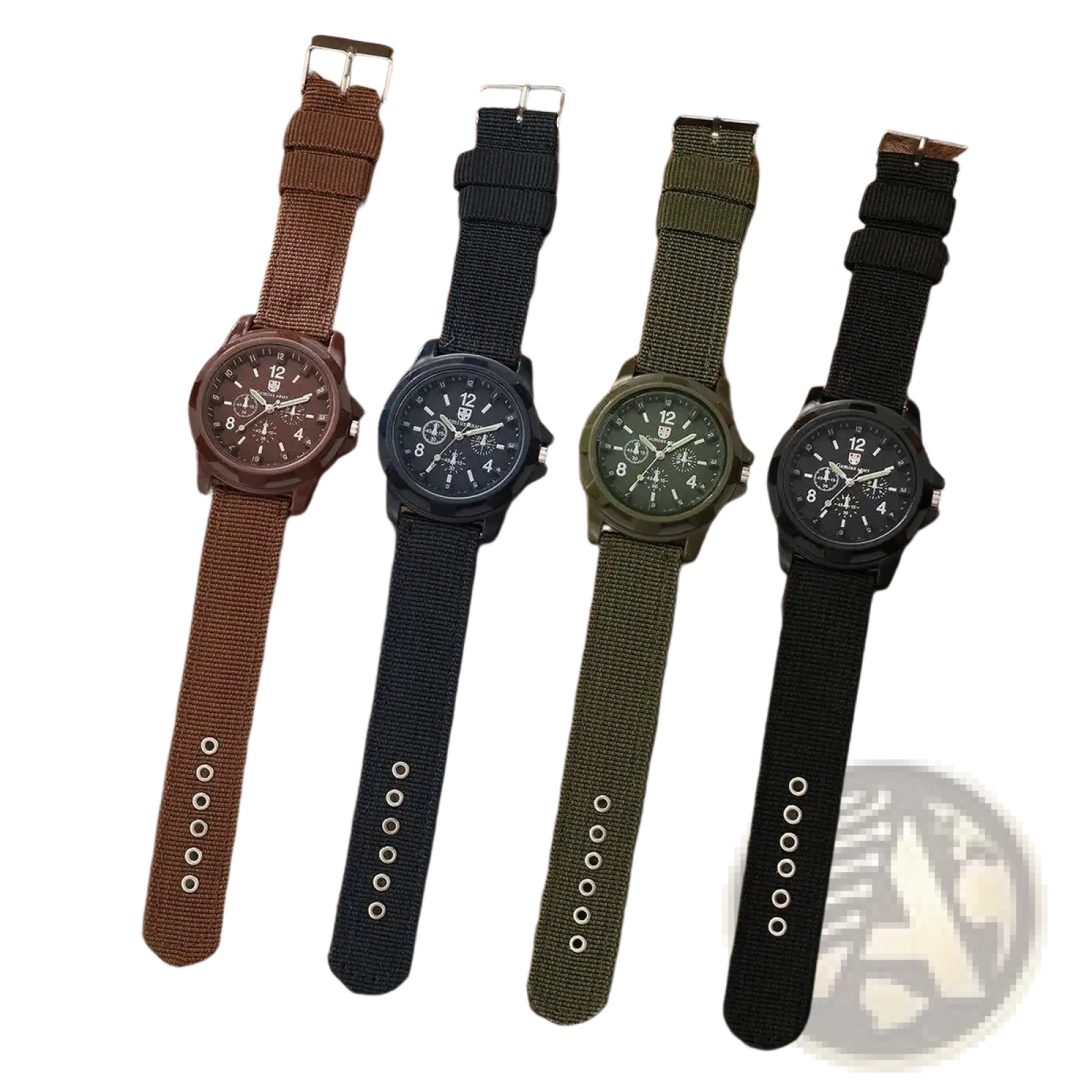 Four men military quartz watches with rugged dials and nylon straps in brown black olive green and dark gray