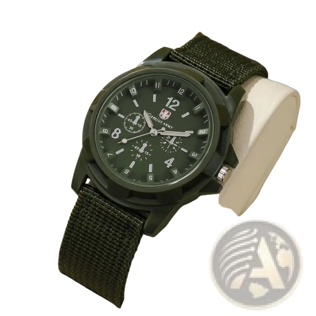 Men military quartz watch olive green with durable nylon strap black dial white numerals chronograph and cecius army logo