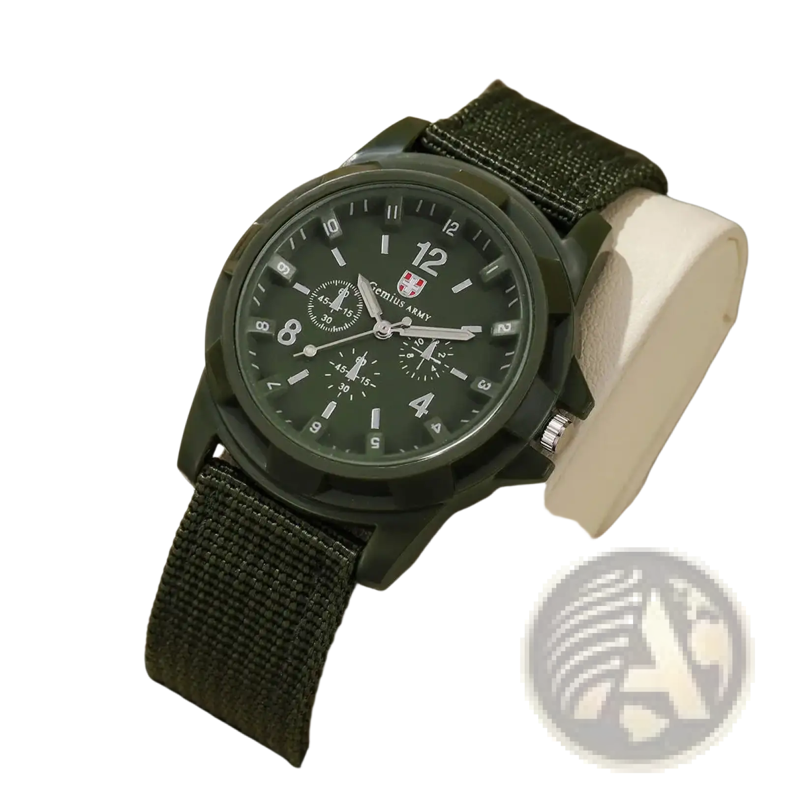 Men military quartz watch olive green with durable nylon strap black dial white numerals chronograph and cecius army logo