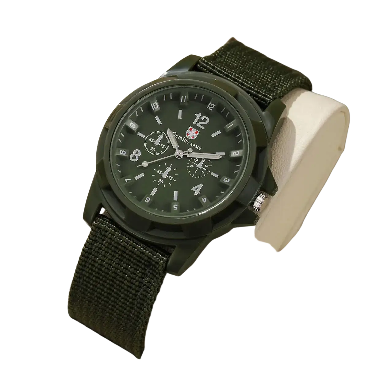 Men military quartz watch olive green with durable nylon strap black dial white numerals chronograph and cecius army logo
