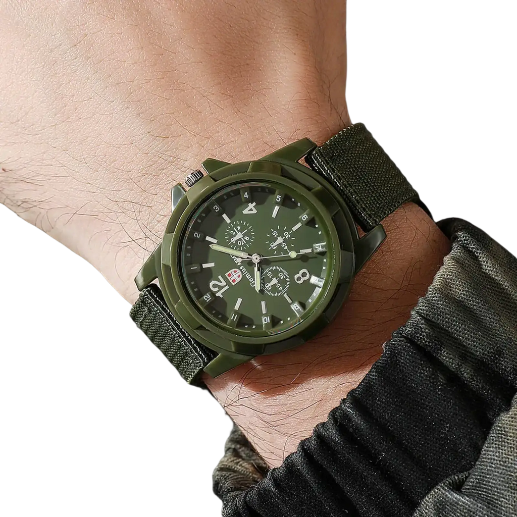 Men military quartz watch in olive green with durable nylon strap and multiple functional subdials