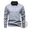 Men mock neck knit polo sweater in gray with contrasting black collared shirt lining made of knit fabric