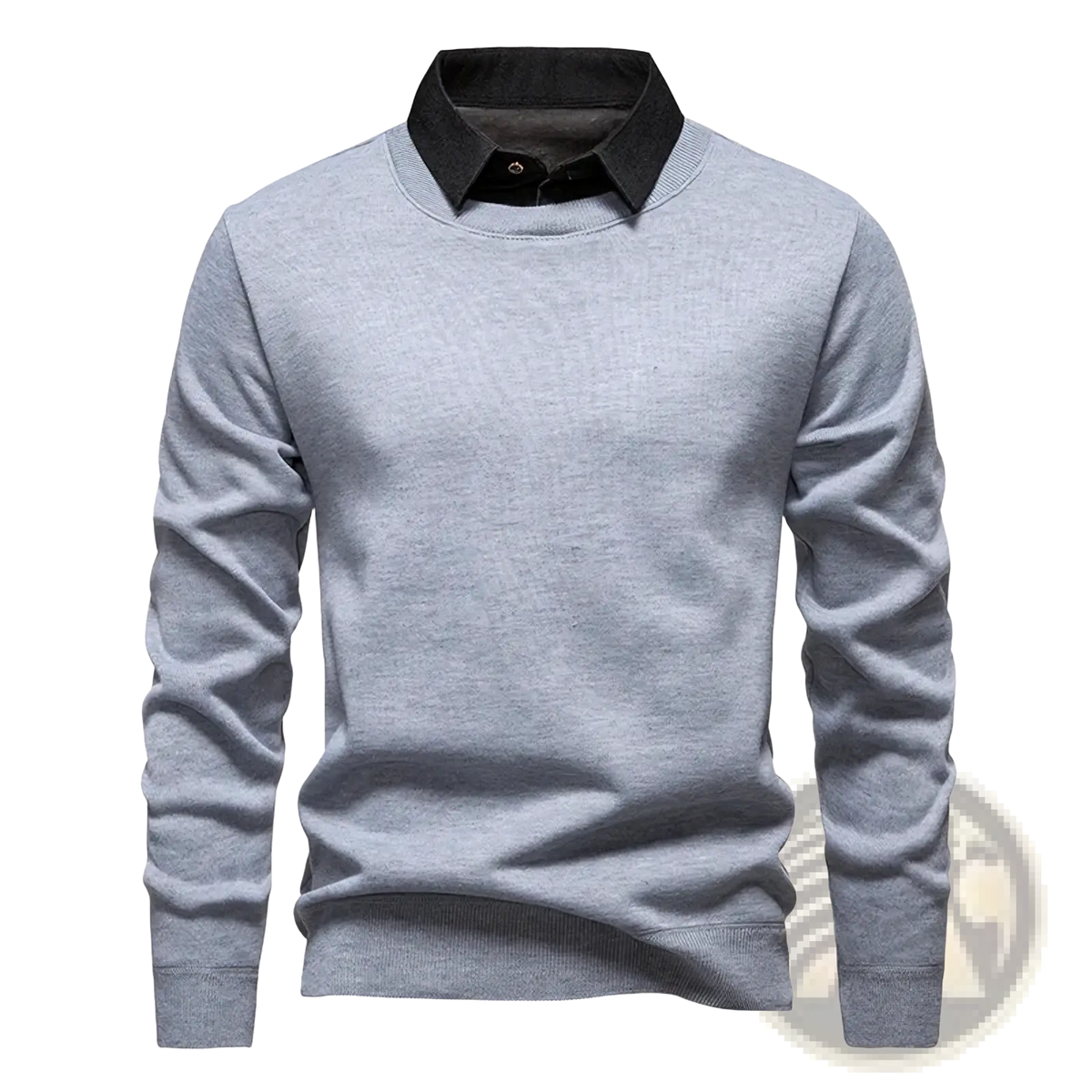 Men mock neck knit polo sweater in gray with contrasting black collared shirt lining made of knit fabric