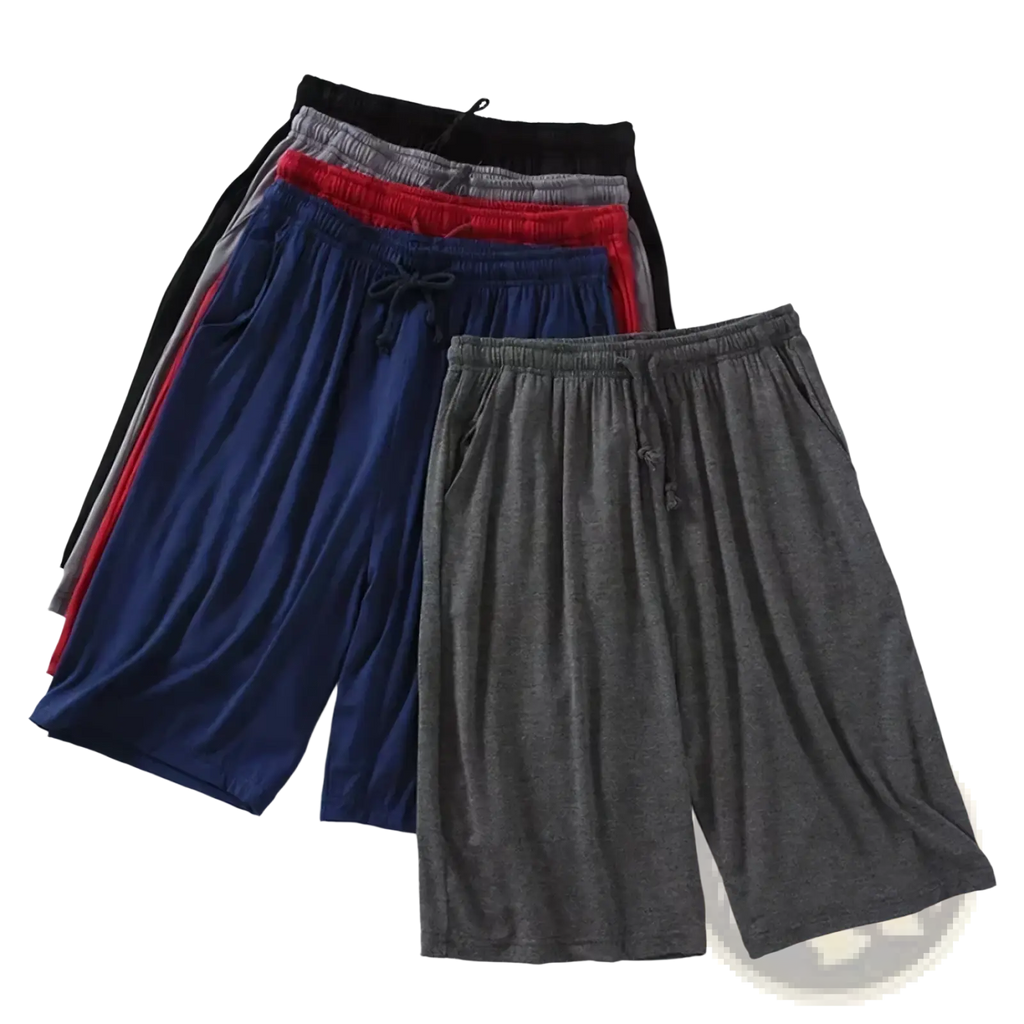 A collection of btsukimi men modal cotton lounge shorts in black gray red and navy blue solid colors