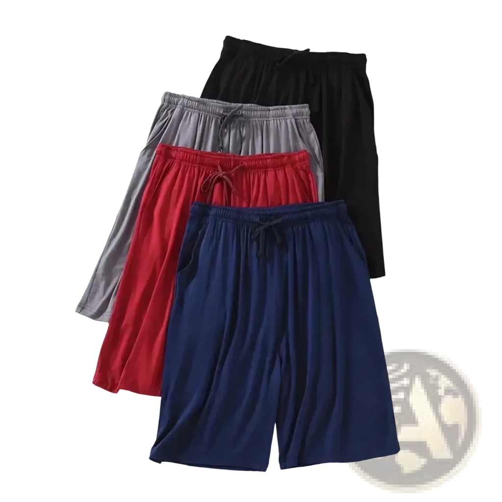 A set of four btsukimi men modal cotton lounge shorts in black gray red and navy blue with drawstring waist