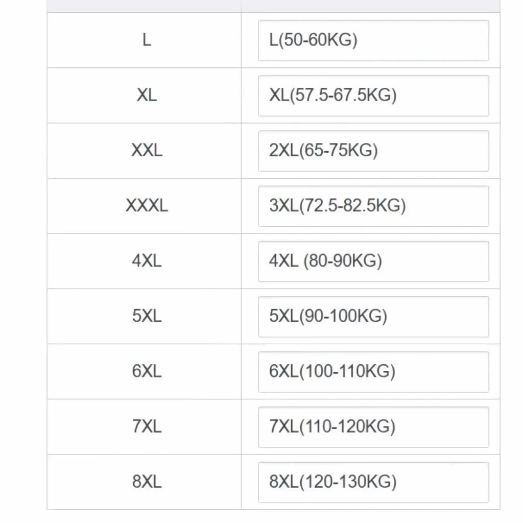 Size chart for men modal cotton lounge shorts showing sizes l to 8xl with corresponding weight ranges in kilograms