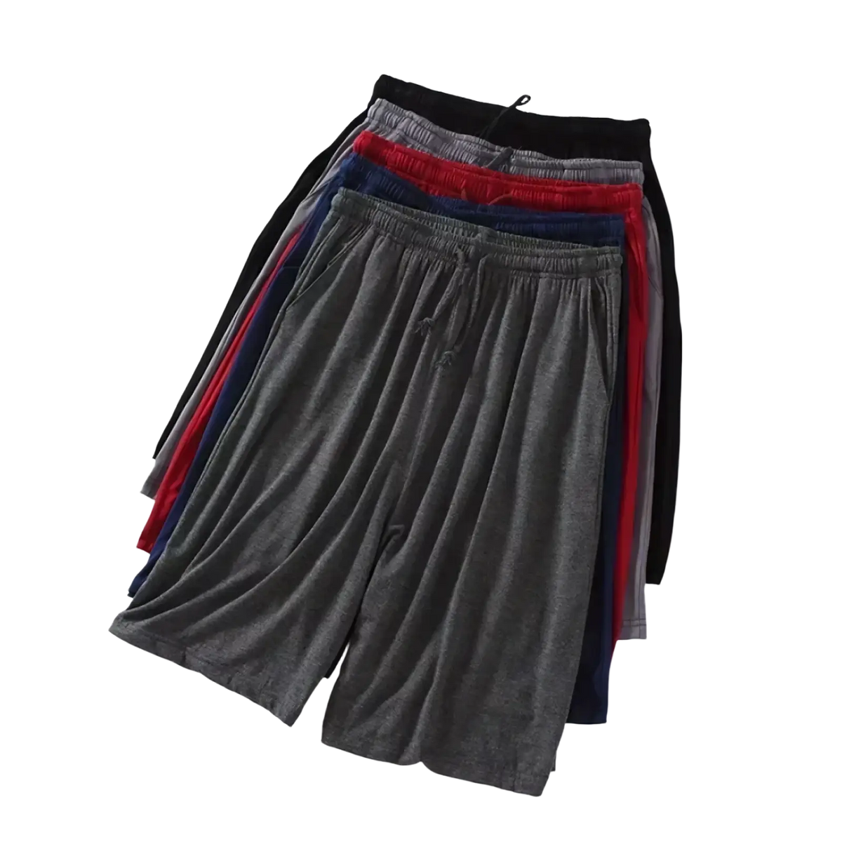 A stack of btsukimi men modal cotton lounge shorts in gray black red navy blue and charcoal with elastic waistbands