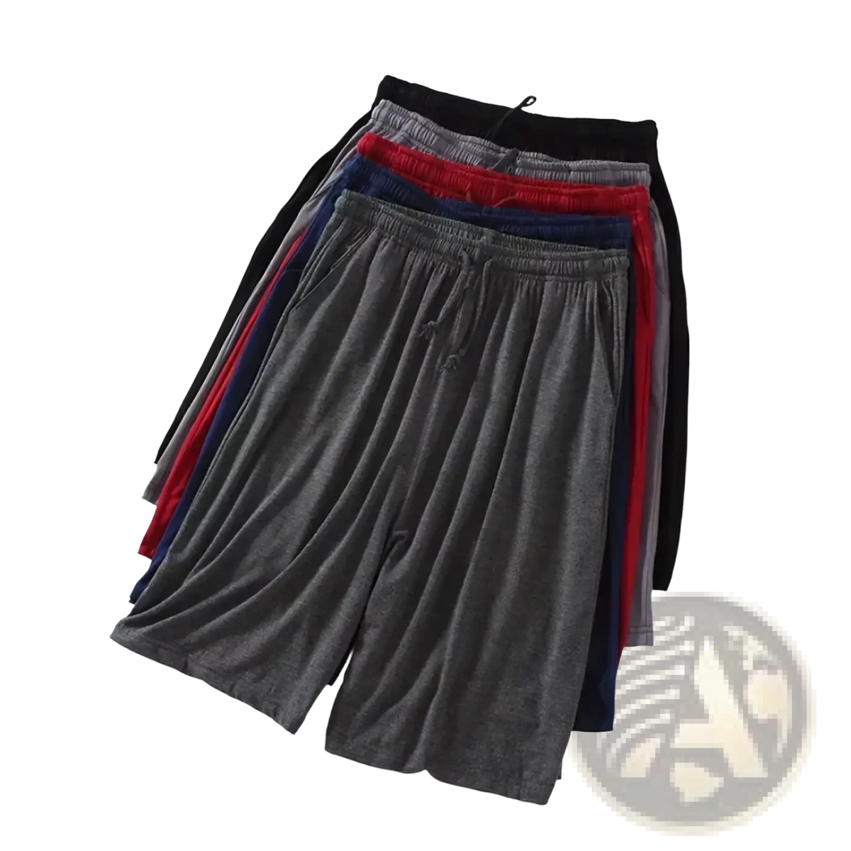 A stack of btsukimi men modal cotton lounge shorts in gray black red navy blue and charcoal with elastic waistbands