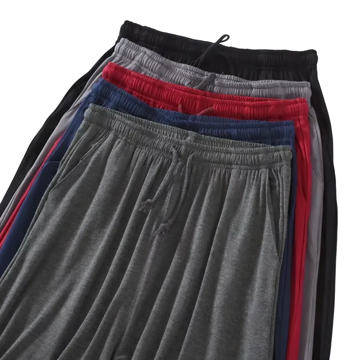 A stack of men modal cotton lounge shorts in black gray red and navy blue with elastic waistbands and drawstrings