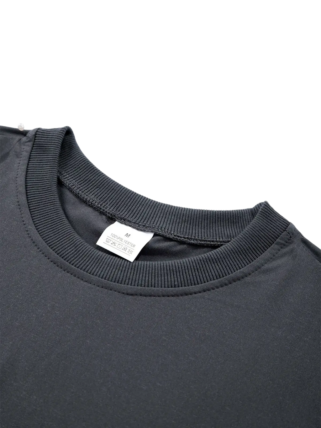Black men moisture wicking long sleeve crew neck t shirt made of 100 percent polyester with ribbed collar and white care label