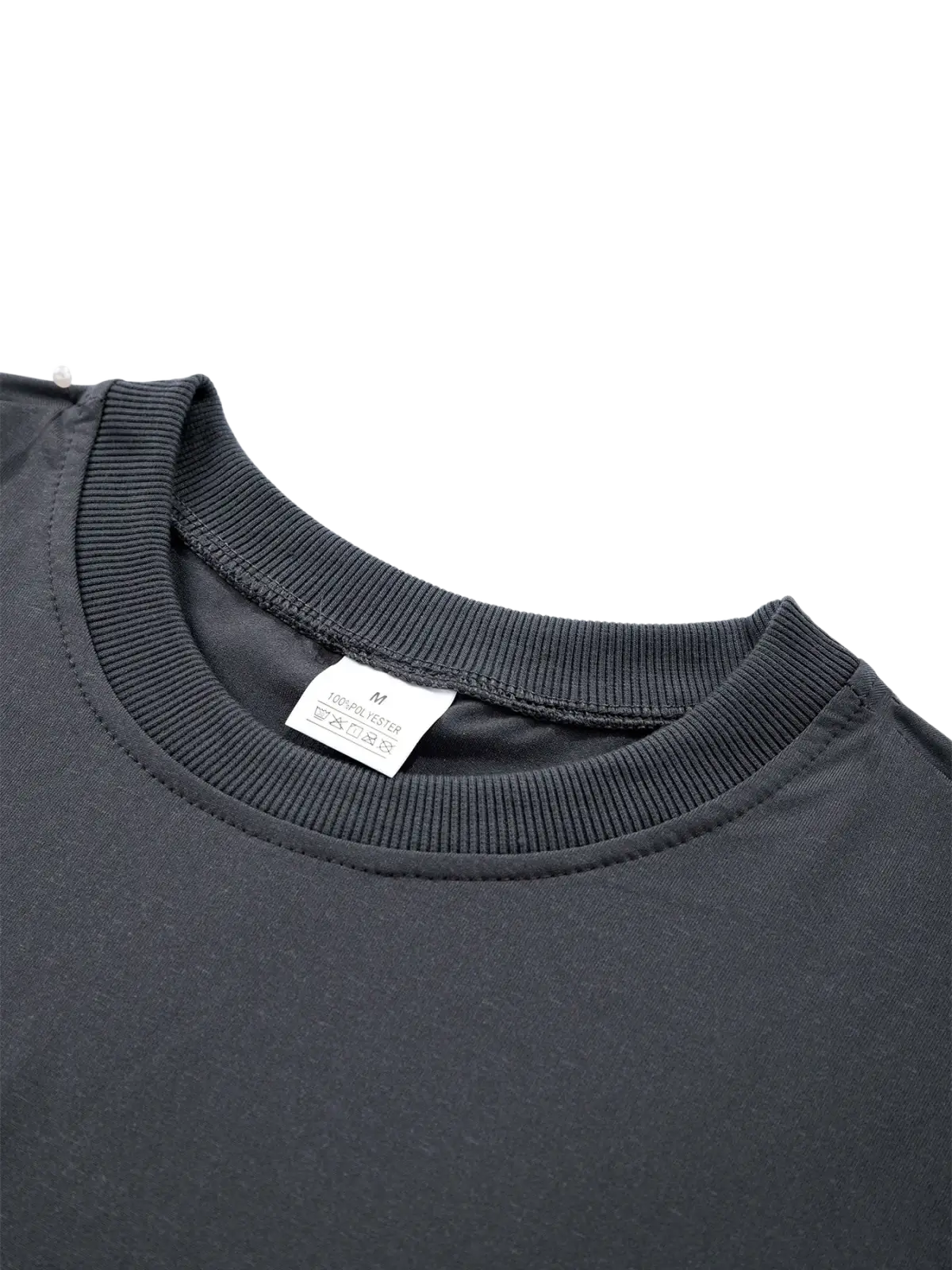 Black men moisture wicking long sleeve crew neck t shirt made of 100 percent polyester with ribbed collar and white care label
