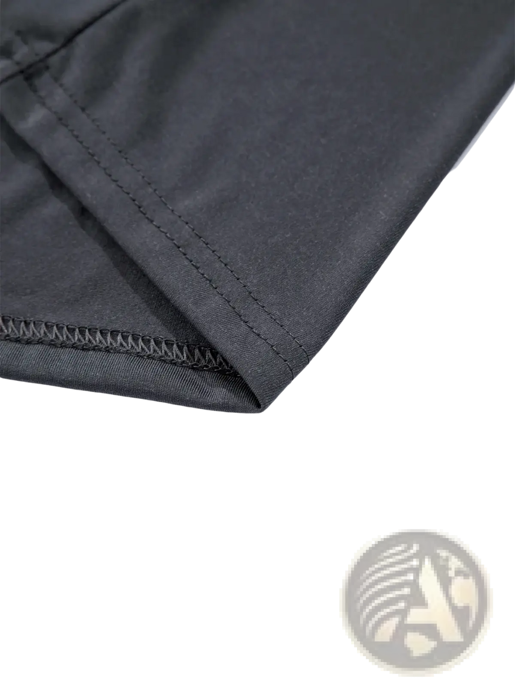 Black moisture wicking long sleeve crew neck t shirt fabric with neat matching stitching along the hem