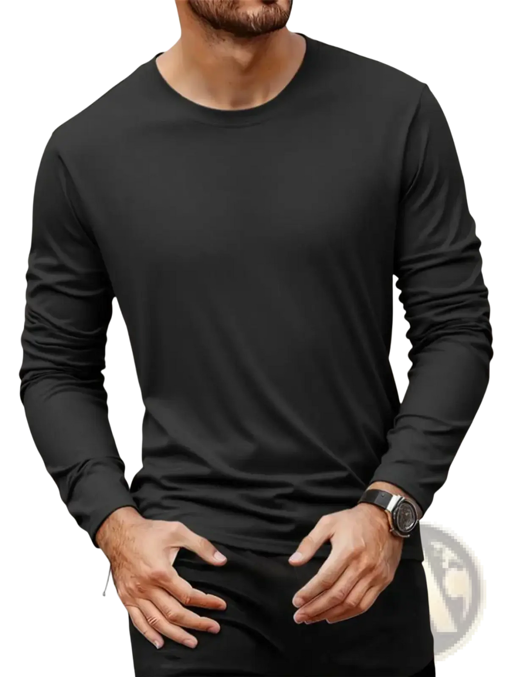 Black men moisture wicking long sleeve crew neck t shirt made of smooth form fitting fabric for active wear