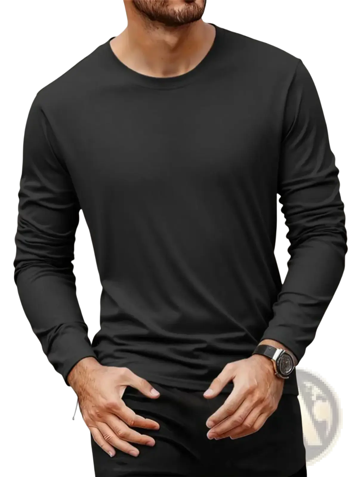 Black men moisture wicking long sleeve crew neck t shirt made of smooth form fitting fabric for active wear