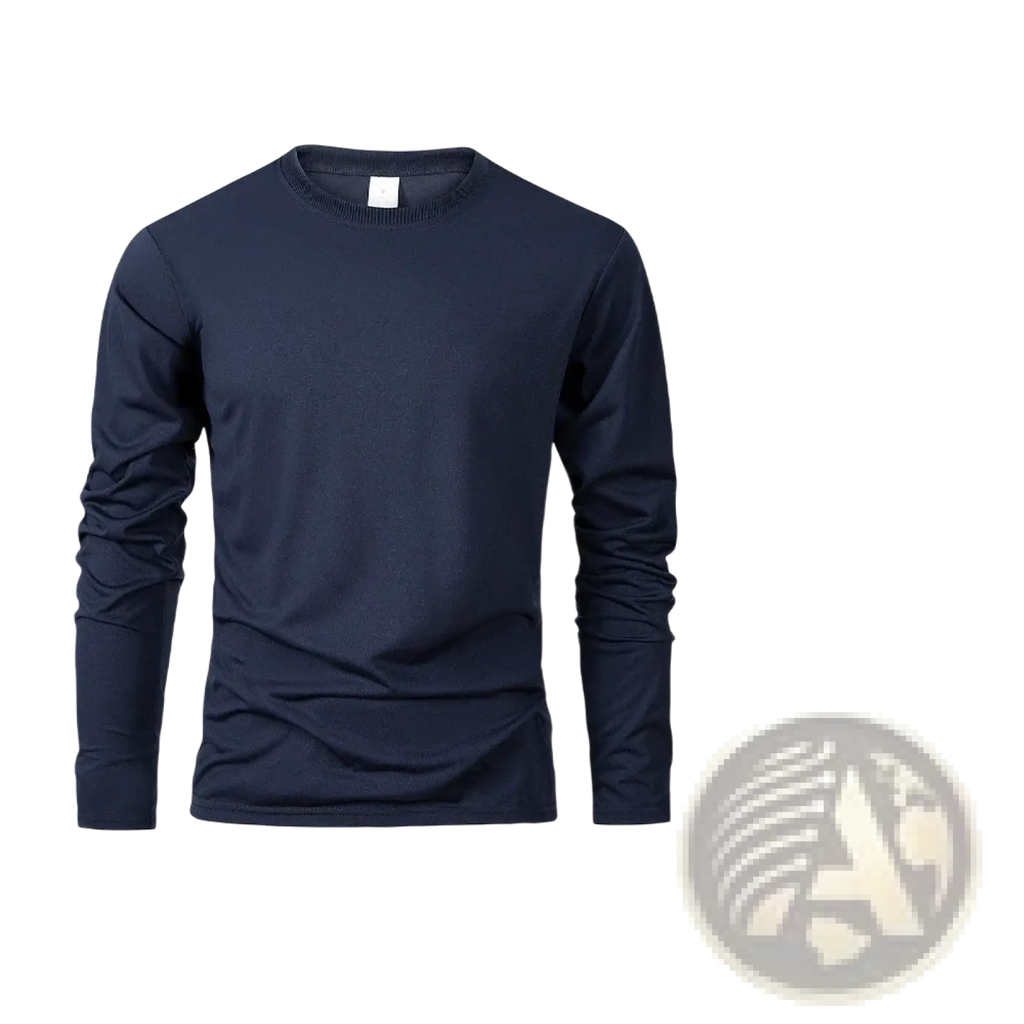 Navy blue moisture wicking long sleeve crew neck t shirt by bevama designed for men in comfortable fabric