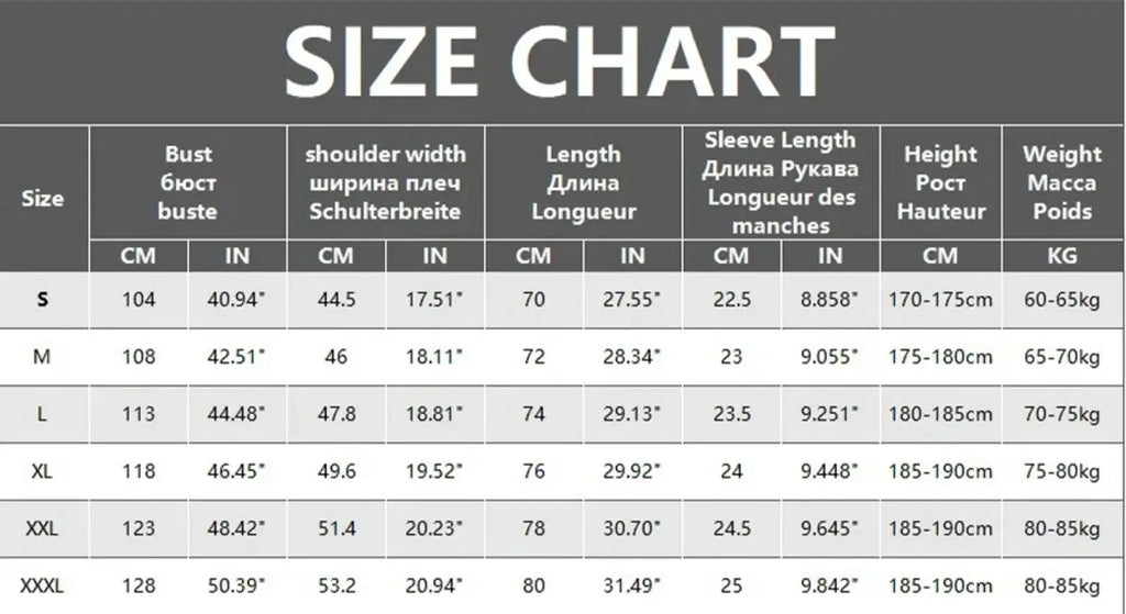 Size chart for men moisture wicking long sleeve crew neck t shirt showing measurements in cm and inches from s to xxxl