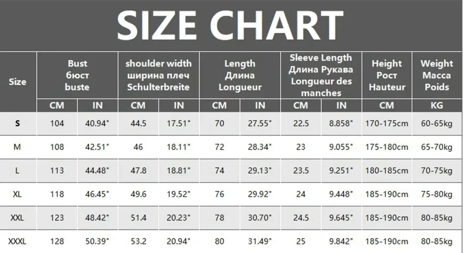 Size chart for men moisture wicking long sleeve crew neck t shirt showing measurements in cm and inches from s to xxxl
