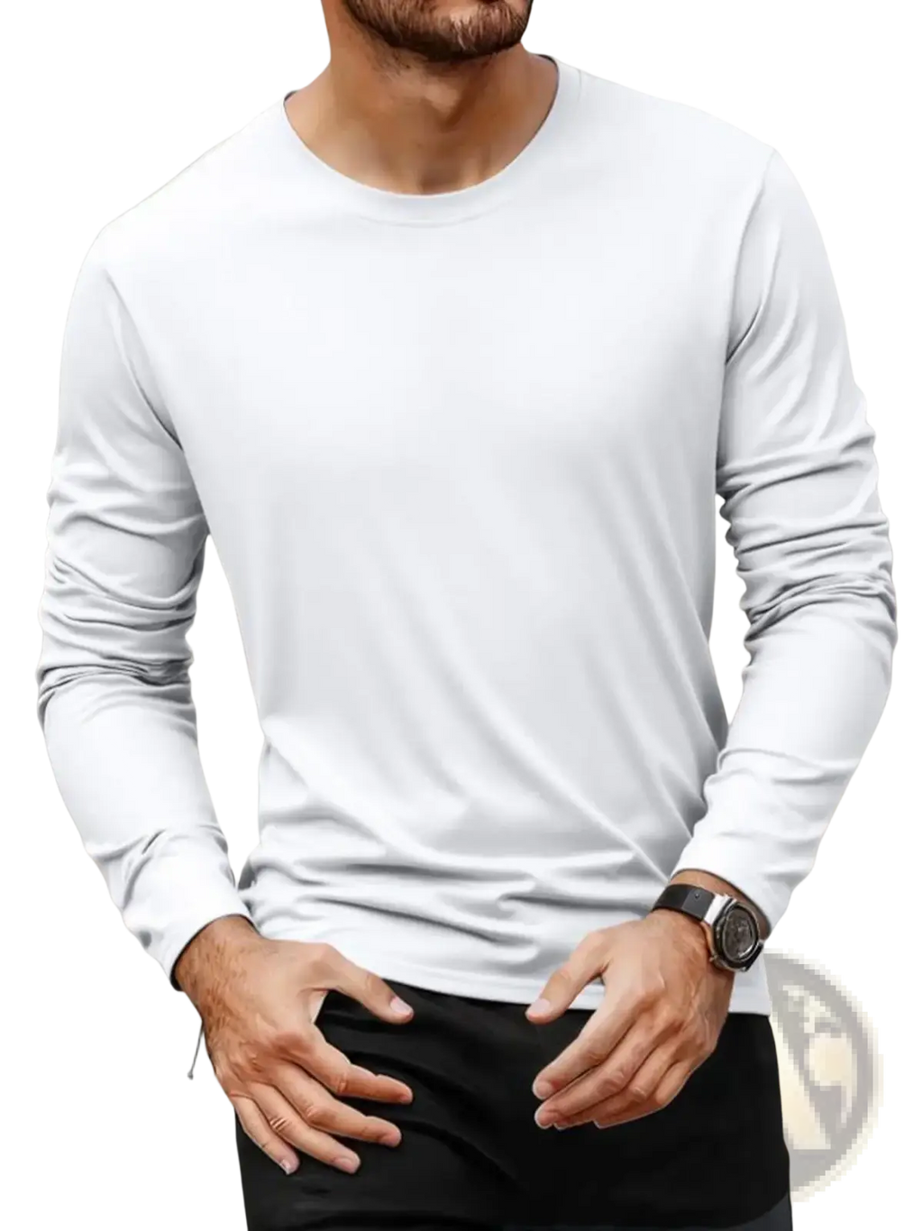 A sleek white men moisture wicking long sleeve crew neck shirt made of smooth lightweight fabric