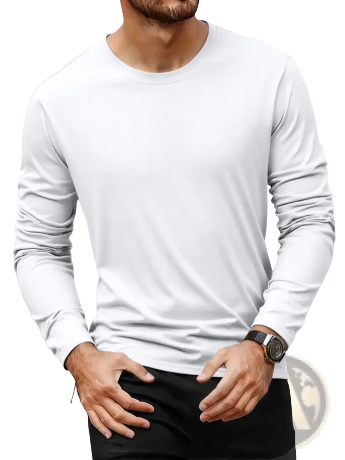 A sleek white men moisture wicking long sleeve crew neck shirt made of smooth lightweight fabric
