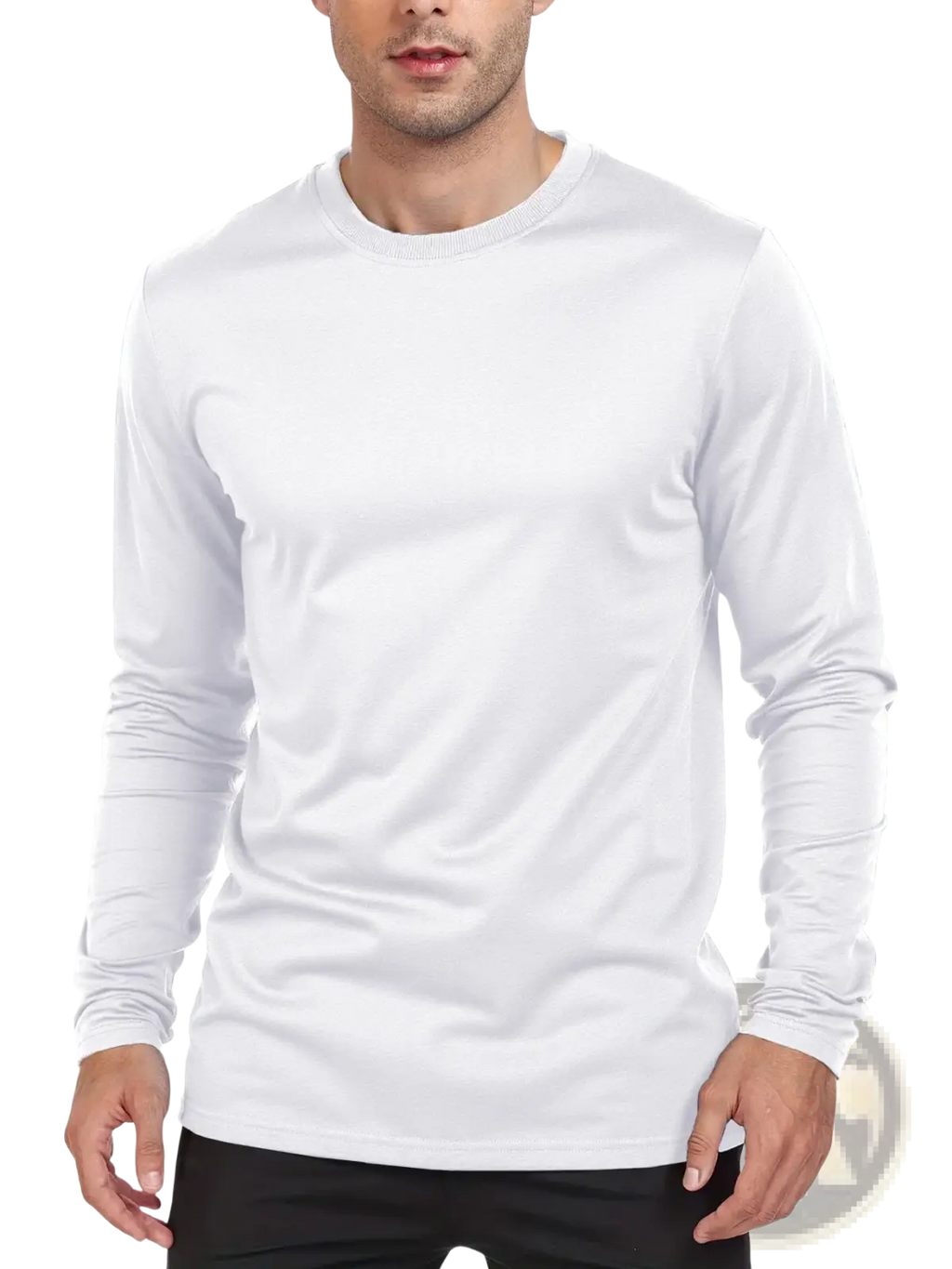 White men moisture wicking long sleeve crew neck t shirt with smooth slightly textured fabric for active wear