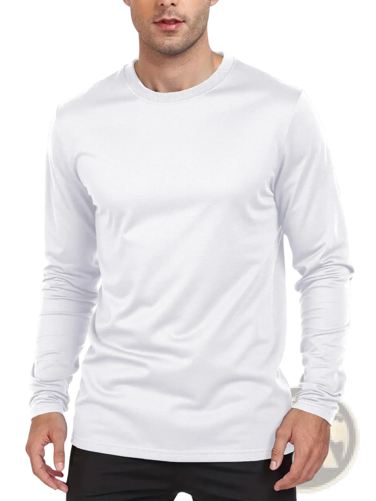 White men moisture wicking long sleeve crew neck t shirt with smooth slightly textured fabric for active wear