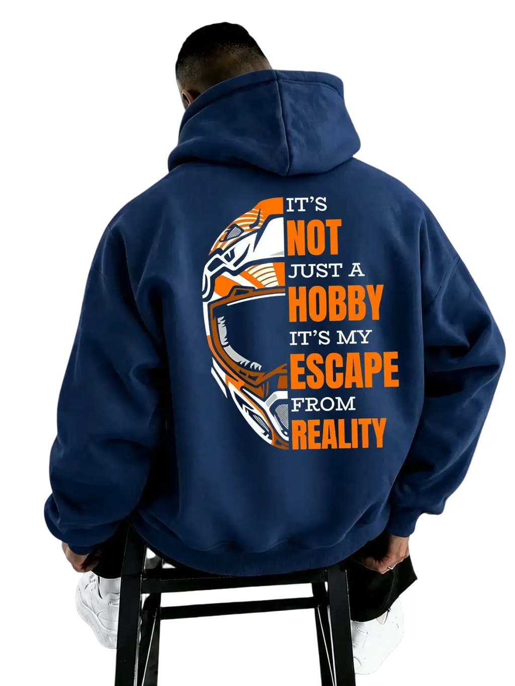 Back side of navy blue men motocross graphic hoodie with orange white motorcycle helmet and bold orange escape text