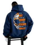 Back side of navy blue men motocross graphic hoodie with orange white motorcycle helmet and bold orange escape text
