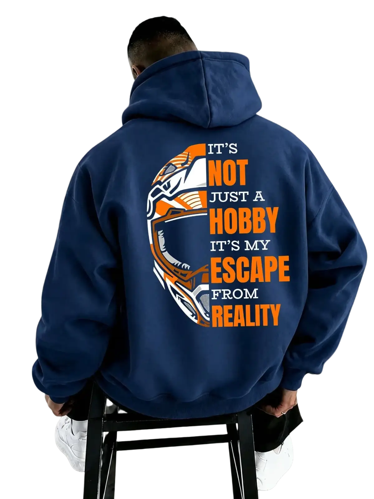 Back side of navy blue men motocross graphic hoodie with orange white motorcycle helmet and bold orange escape text