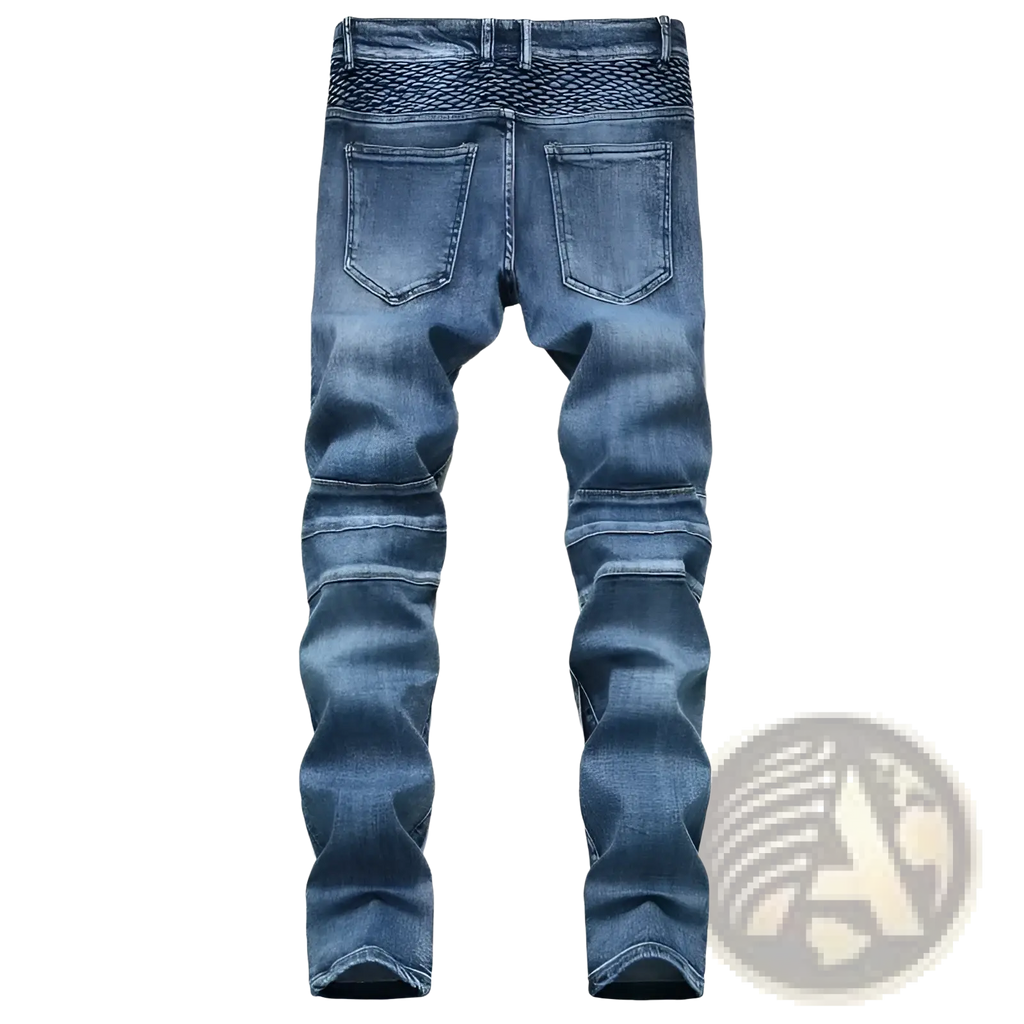Men motorcycle jeans distressed slim fit denim trousers in blue with textured woven waistband and reinforced thigh stitching