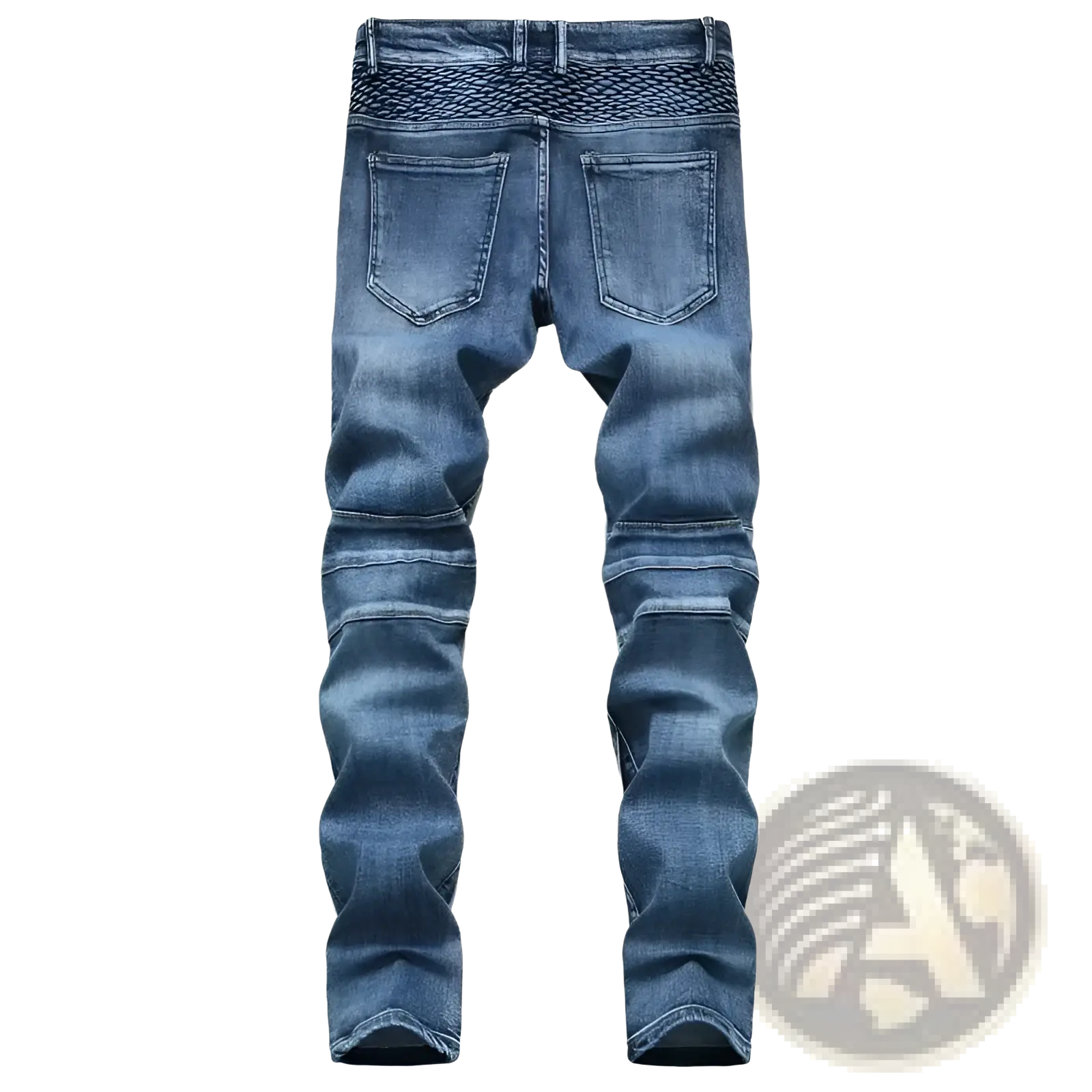 Men motorcycle jeans distressed slim fit denim trousers in blue with textured woven waistband and reinforced thigh stitching