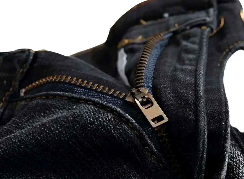 Men motorcycle jeans distressed slim fit dark denim trousers with brass zipper visible stitching and fabric texture
