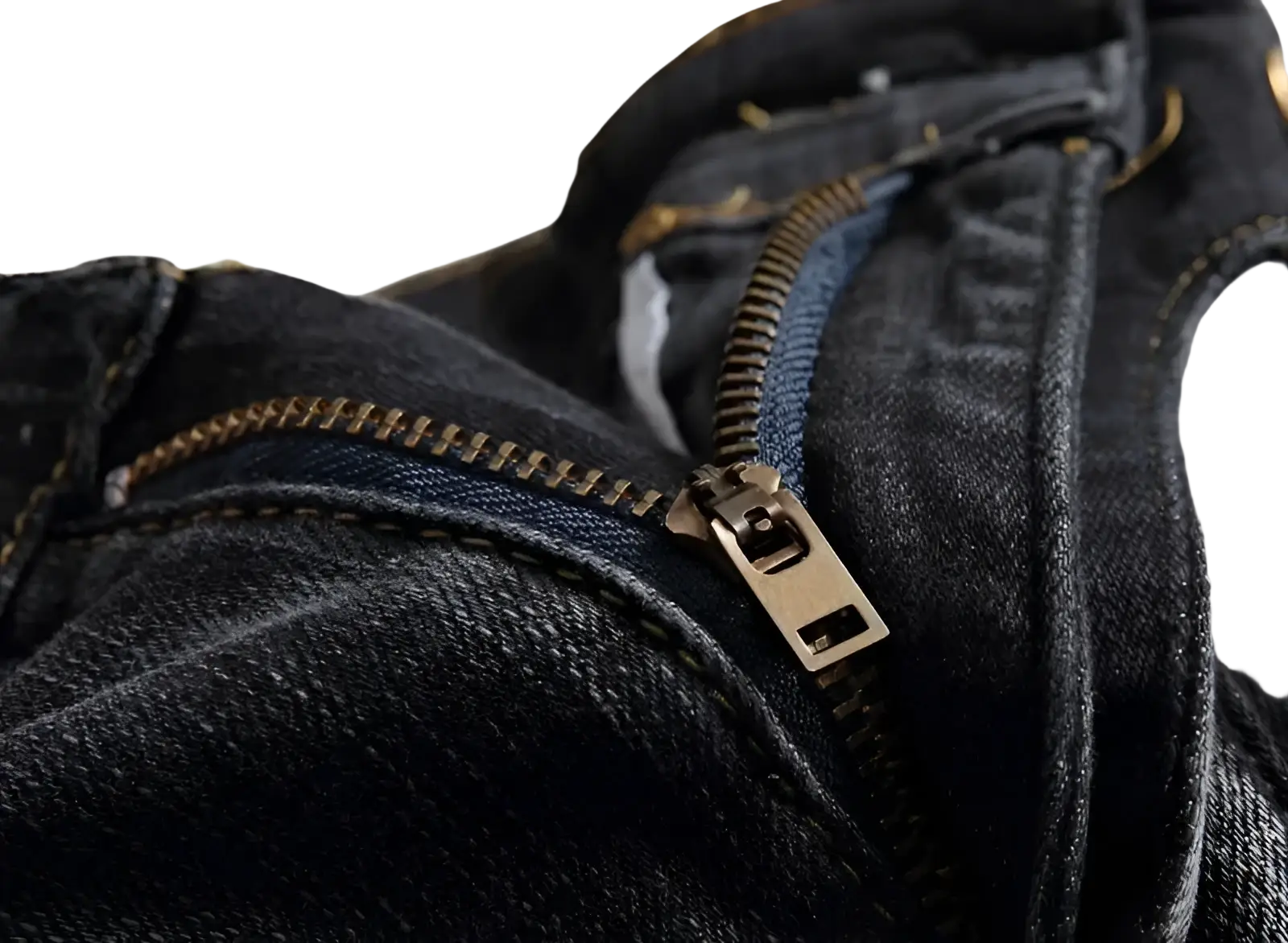 Men motorcycle jeans distressed slim fit dark denim trousers with brass zipper visible stitching and fabric texture