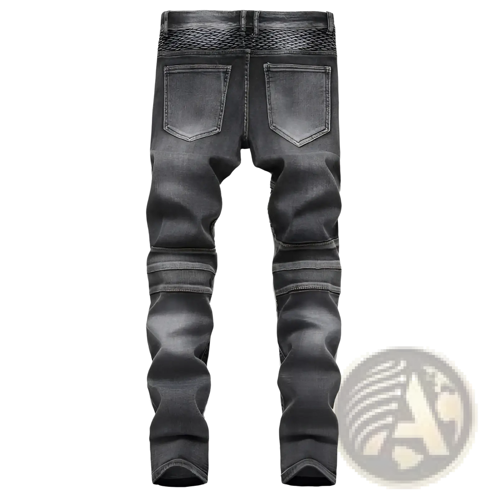 Men motorcycle jeans distressed slim fit dark gray denim trousers with faded wash and horizontal stitching bands on thighs