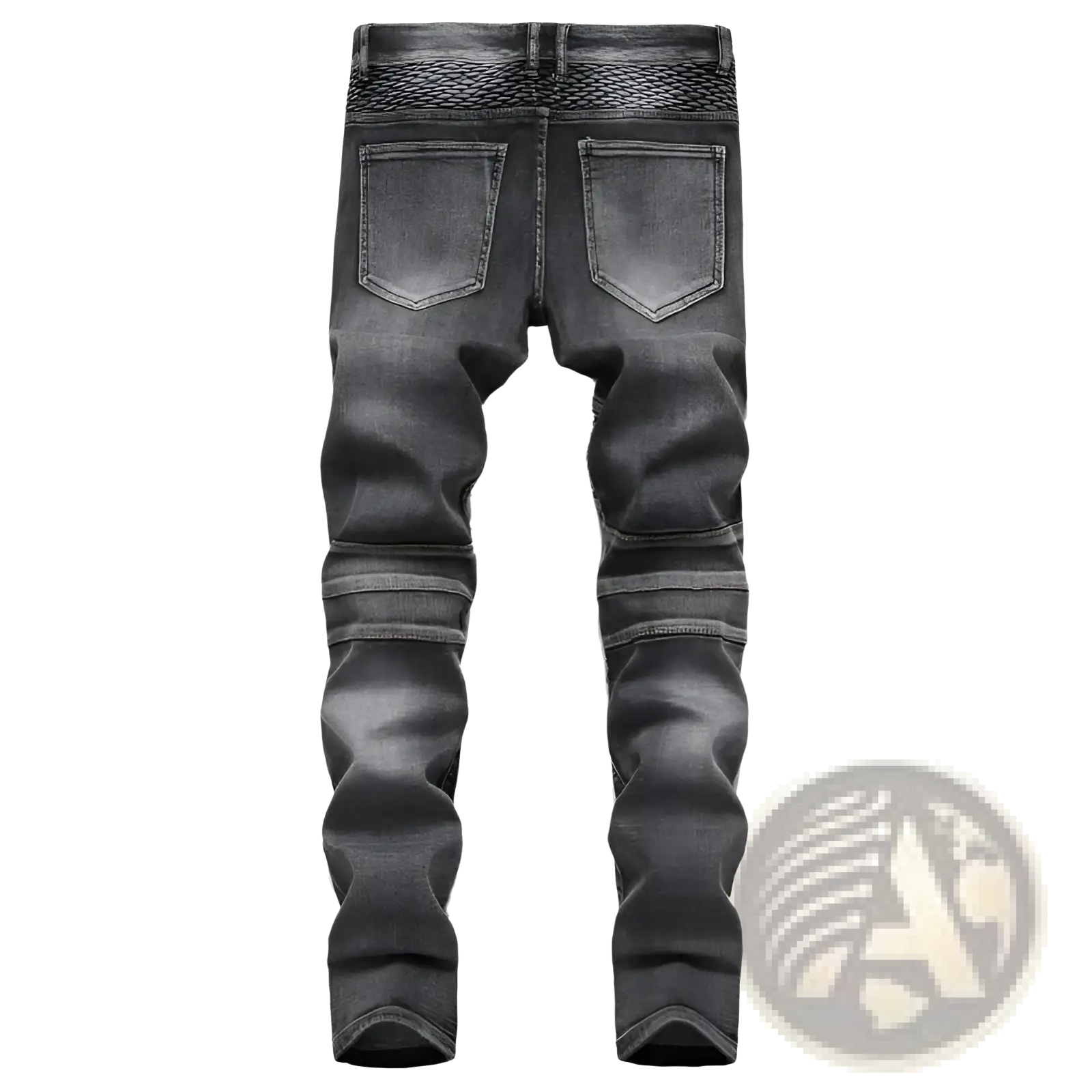 Men motorcycle jeans distressed slim fit dark gray denim trousers with faded wash and horizontal stitching bands on thighs