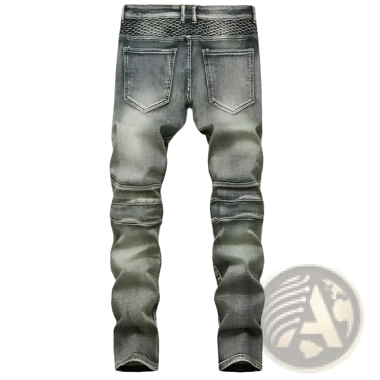 Men motorcycle jeans distressed slim fit dark gray denim with textured woven waistband and reinforced thigh stitching