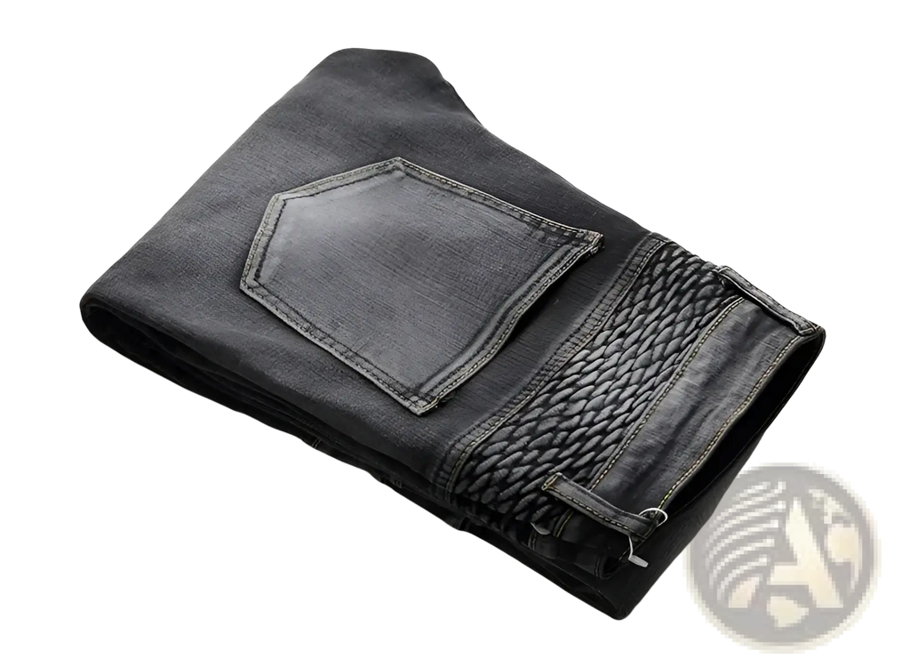 Dark gray slim fit distressed men motorcycle jeans with textured woven side seam panel in denim material