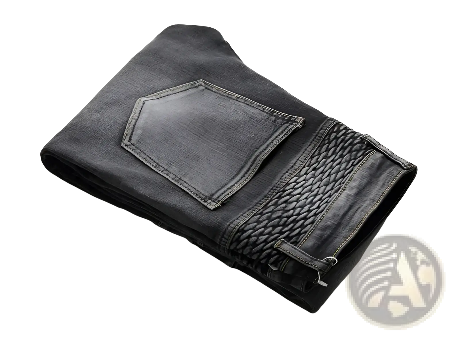 Dark gray slim fit distressed men motorcycle jeans with textured woven side seam panel in denim material