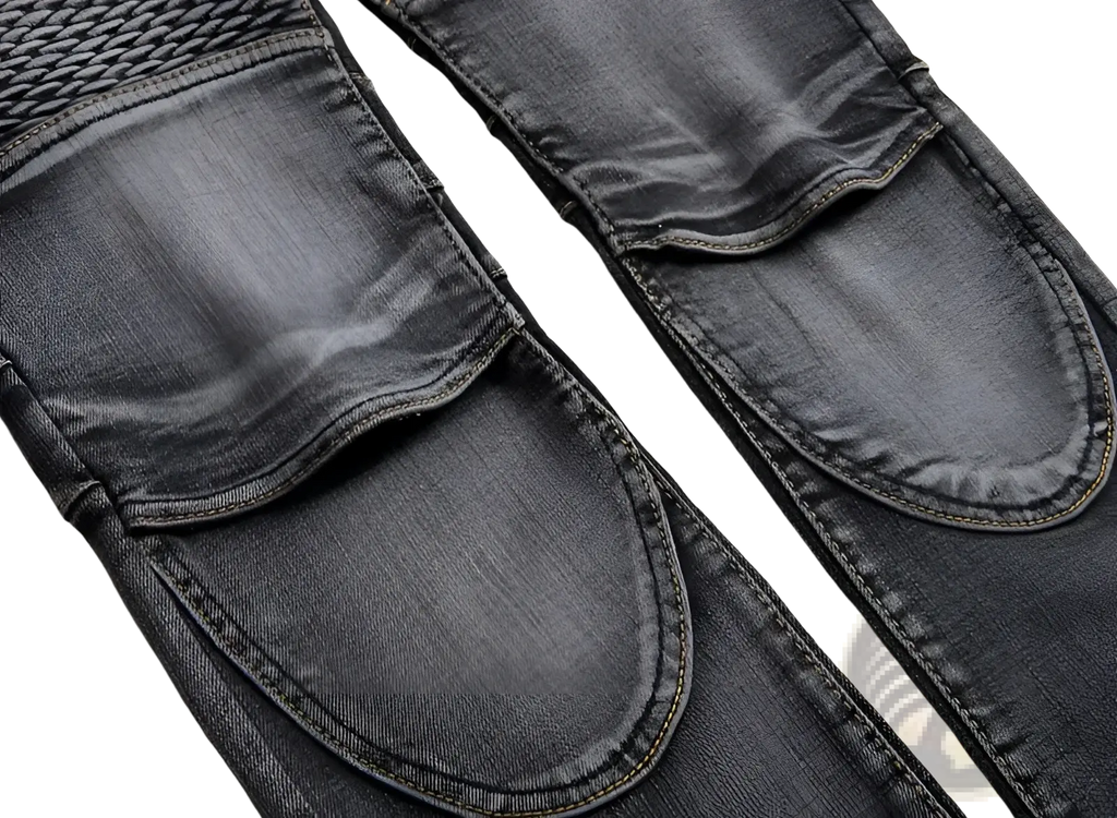 Dark gray slim fit men motorcycle jeans made of denim with reinforced textured knee patches and visible stitching